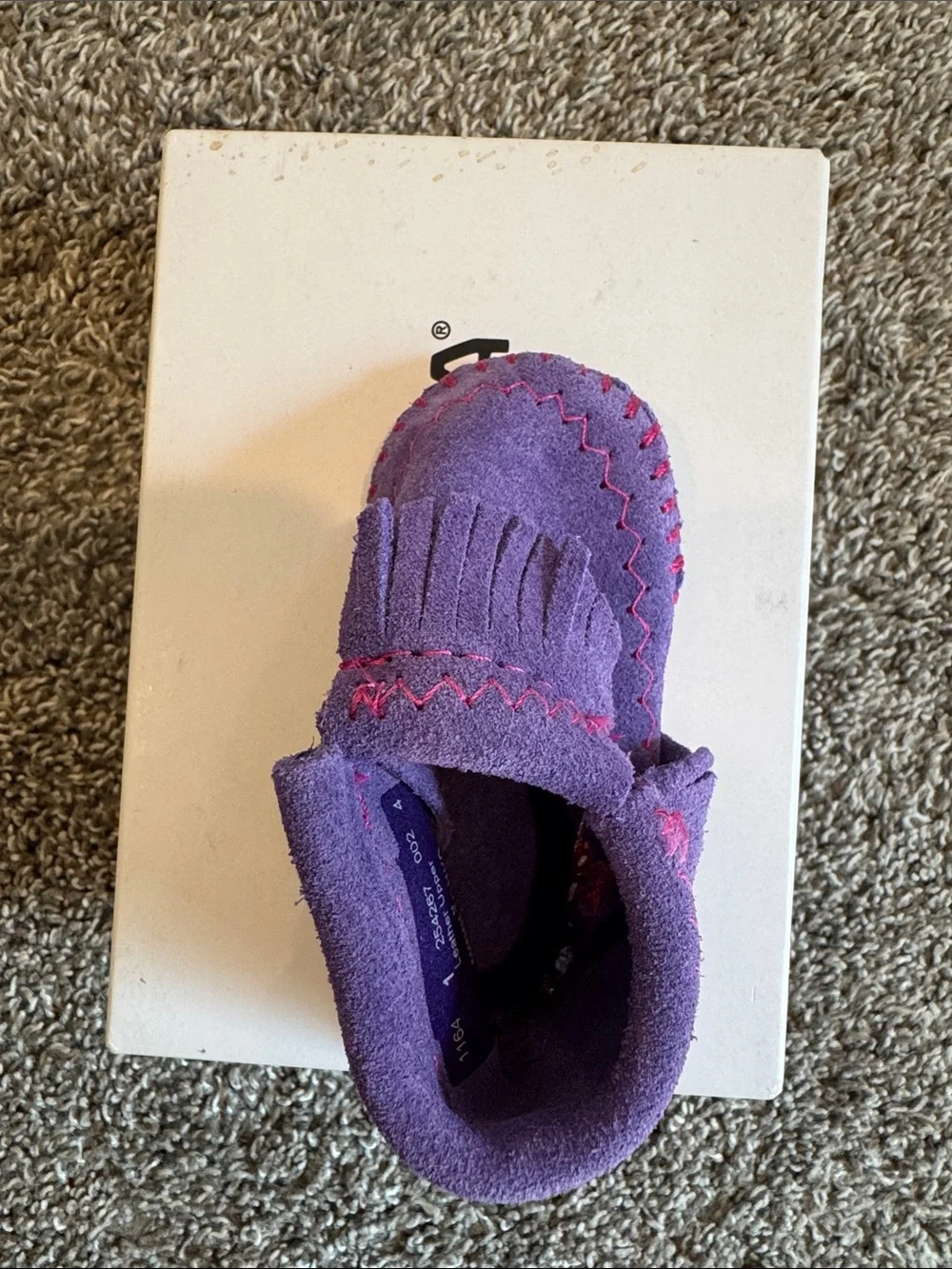 Minnetonka Purple Moccasin Baby Booties with Pink Stitching